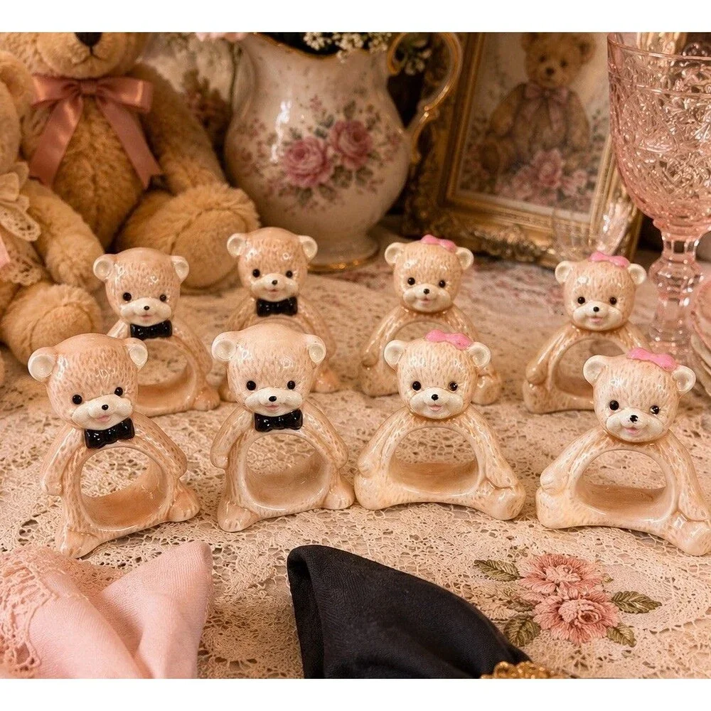 Vintage Taiwan Teddy Bear Ceramic Napkin Ring Holders Set of 8 Brown Boy Girl